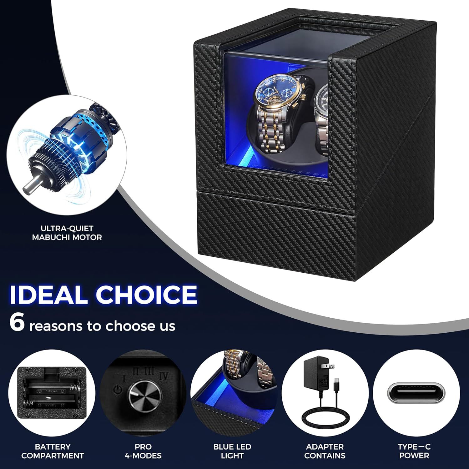 Communicates six distinct selling benefits of the watch winder in a segmented layout to help shoppers understand the product's key features and advantages.