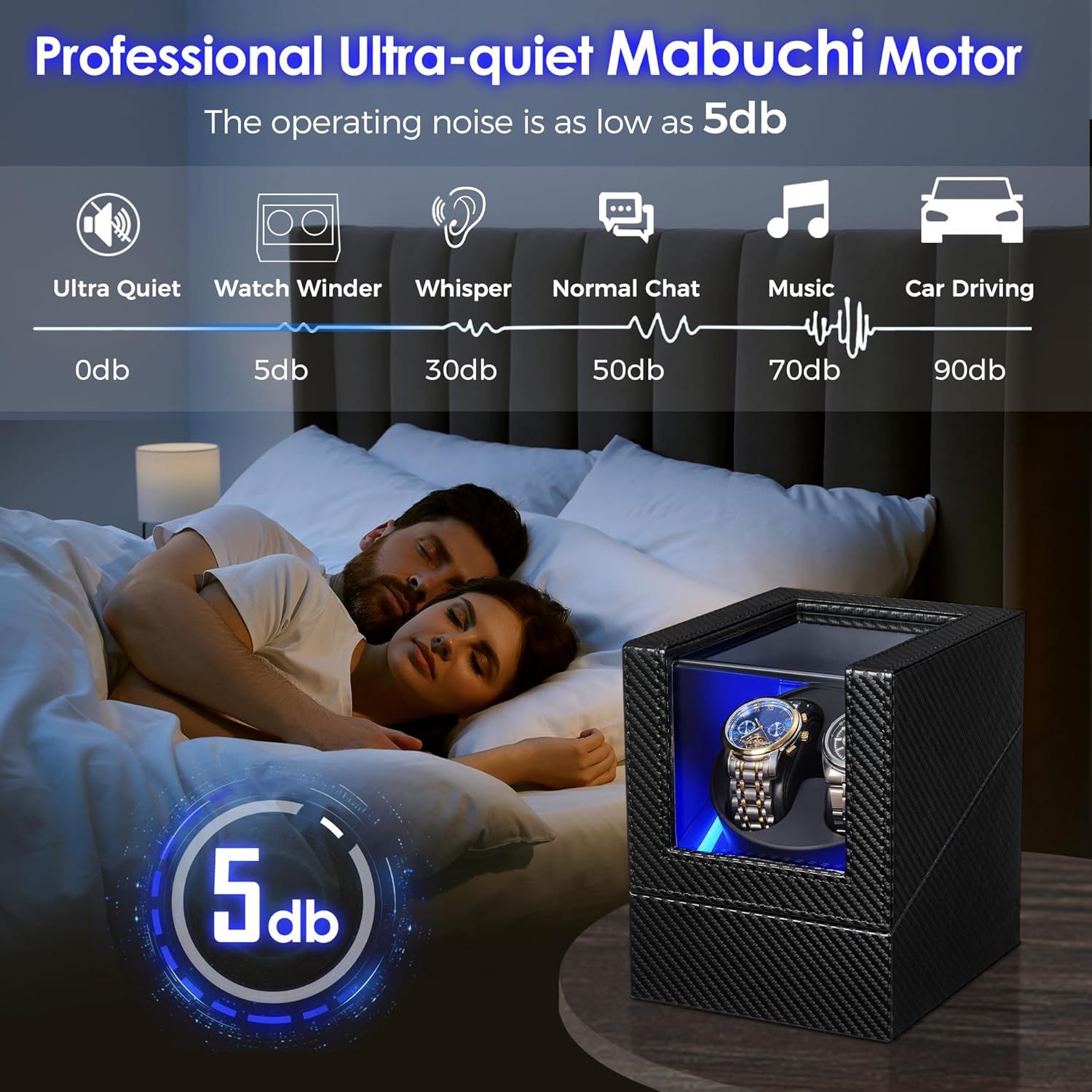 Communicates the watch winder's ultra-quiet motor performance at 5db, reassuring shoppers that it won't disturb sleep or daily activities. Highlights the primary benefit of whisper-quiet operation,…