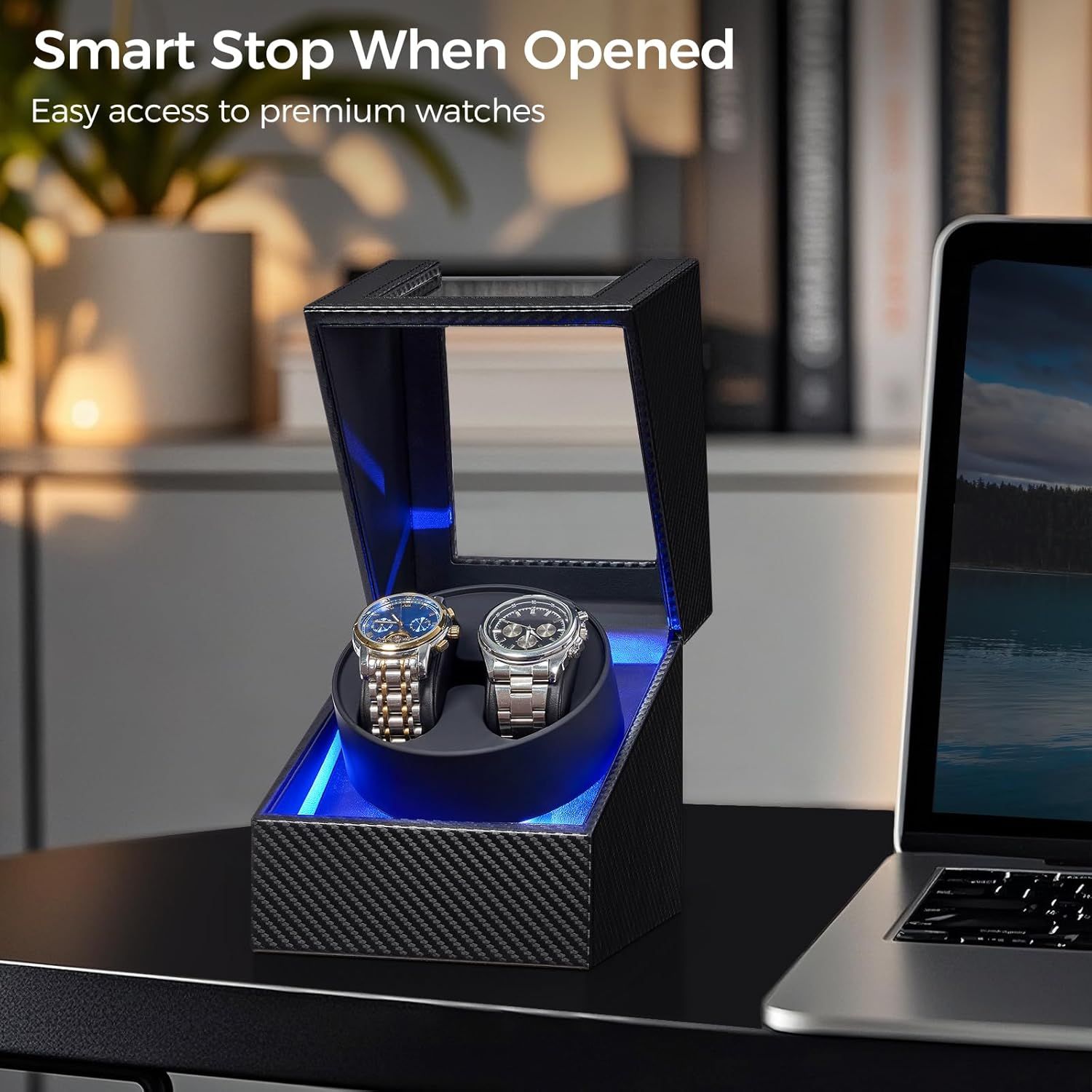 Highlights the watch winder's smart stop feature that automatically pauses rotation when opened, providing convenient access to premium watches.