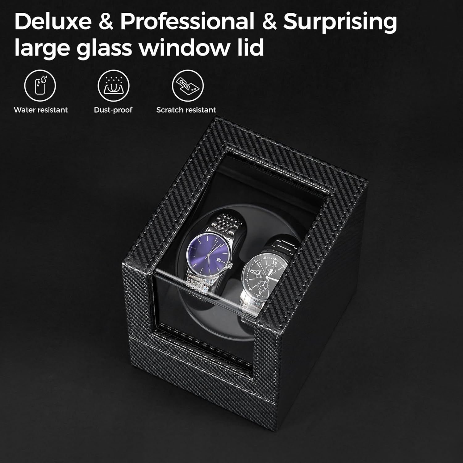Communicates multiple protective features of the watch winder's glass window lid to reassure buyers of its durability and premium quality.