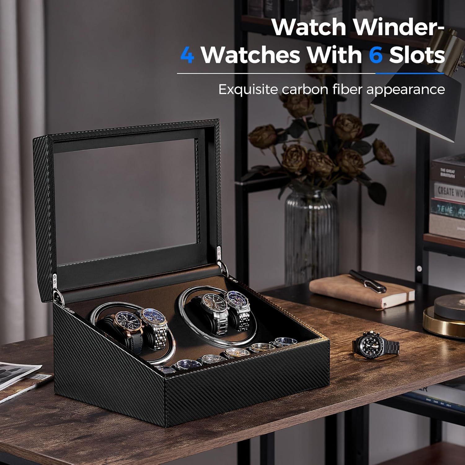 Communicates the storage capacity of the watch winder, showing it can hold 4 watches on winders plus 6 additional watches in storage slots, helping shoppers understand the product's capacity.…