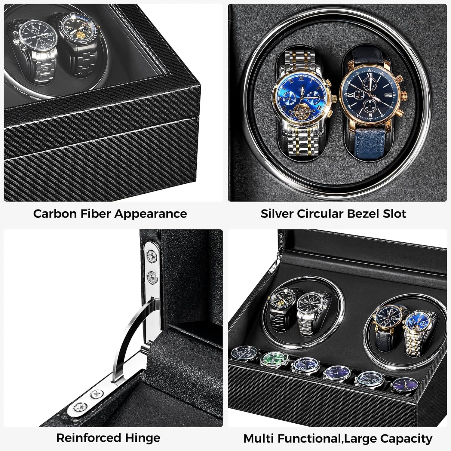 This image showcases multiple distinct design and functional features of the watch winder box to communicate quality, capacity, and durability to shoppers considering this storage solution.