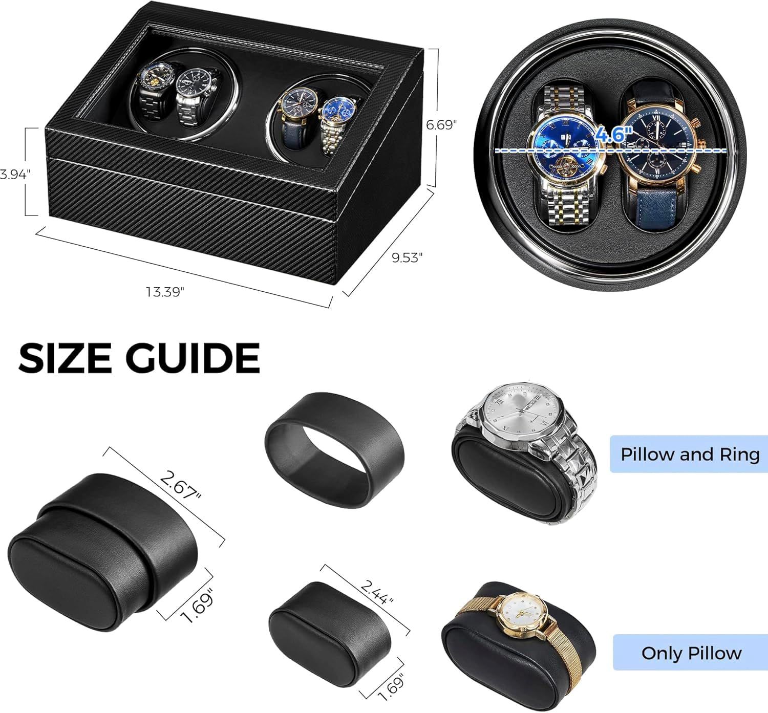 Provides exact physical measurements of the watch winder box and its internal components to help shoppers understand the product's size and ensure it fits their space and watch collection.