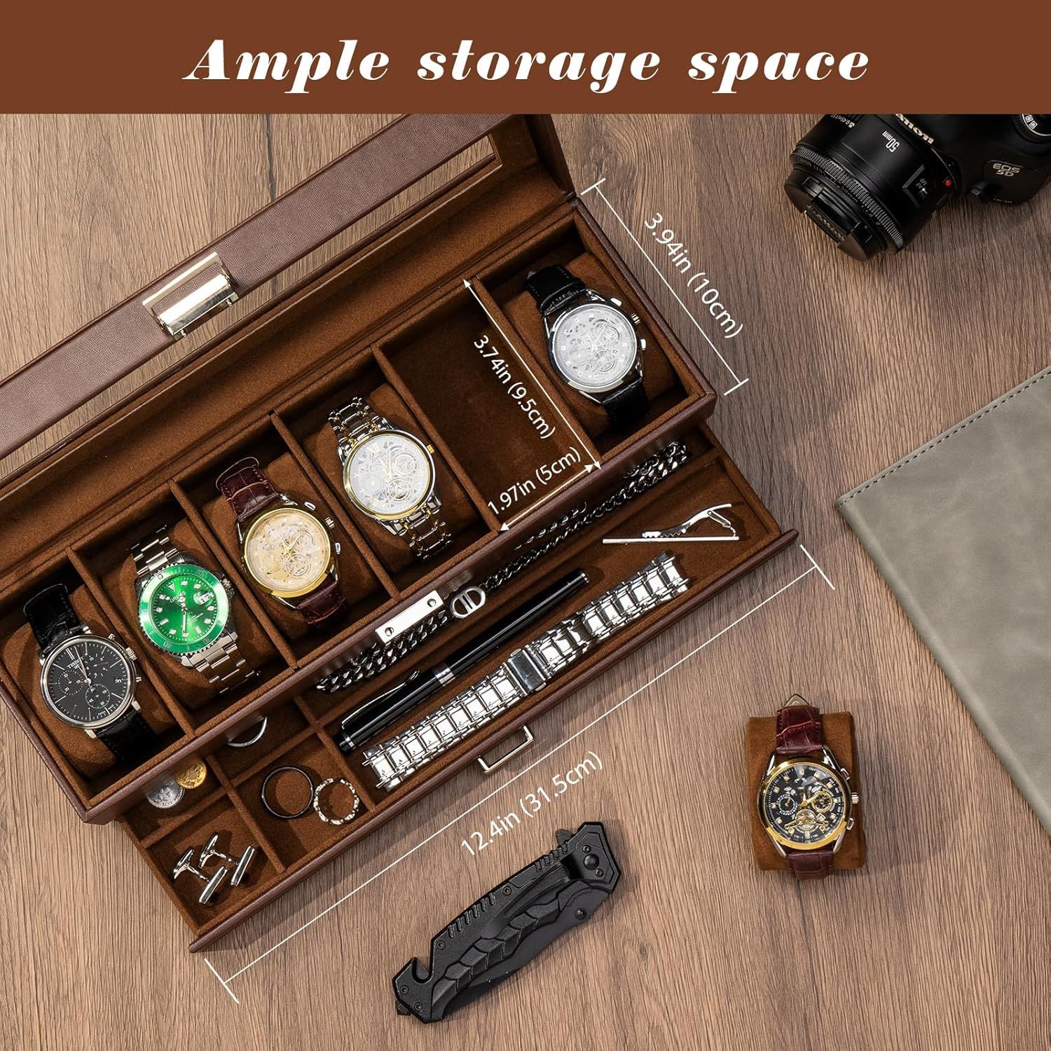 Shows the customer the complete storage solution with multiple compartments for watches, jewelry, and accessories, demonstrating the organizational capacity and layout of the product. Provides exact…