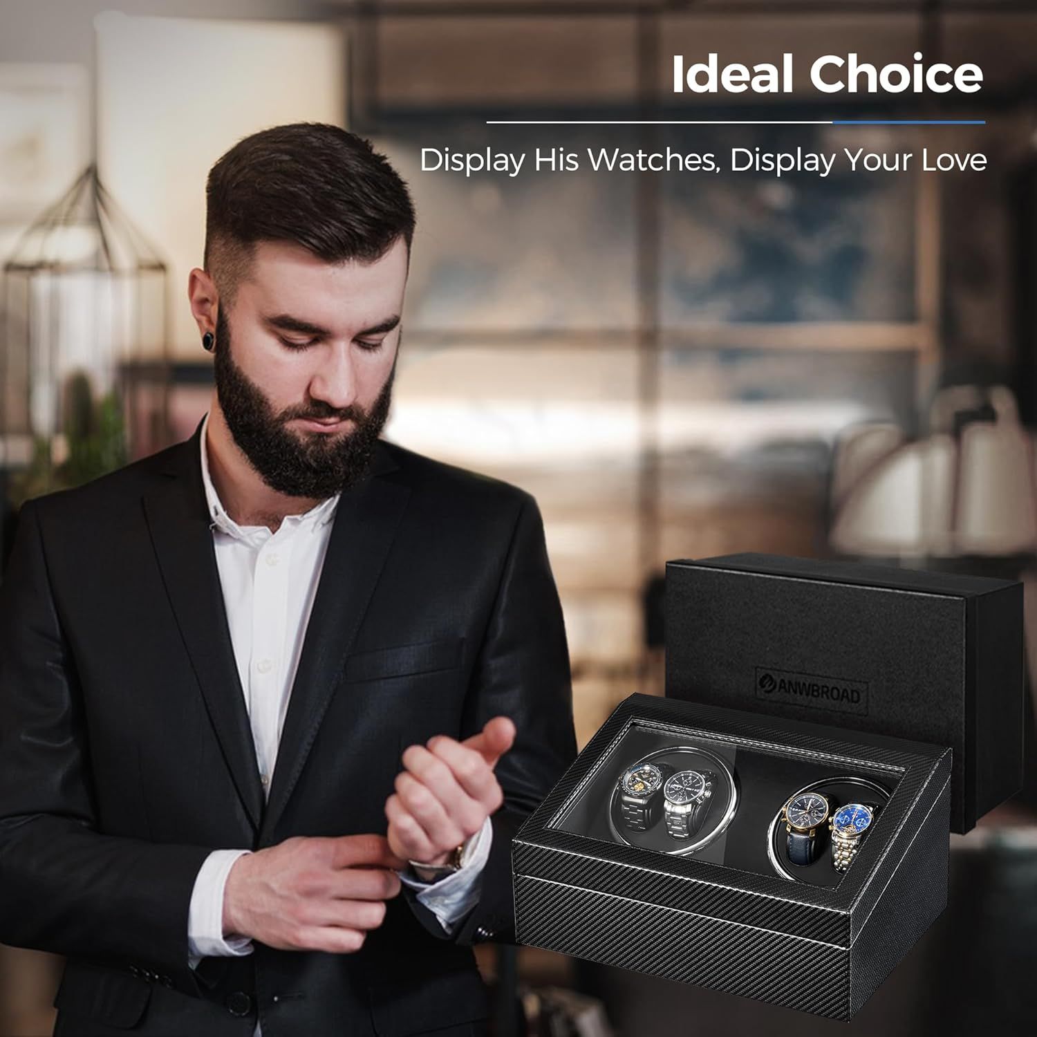 Shows the product being used in a real-world upscale setting to help shoppers visualize how the watch case fits into an elegant lifestyle and home environment. Positions the watch case as an ideal…