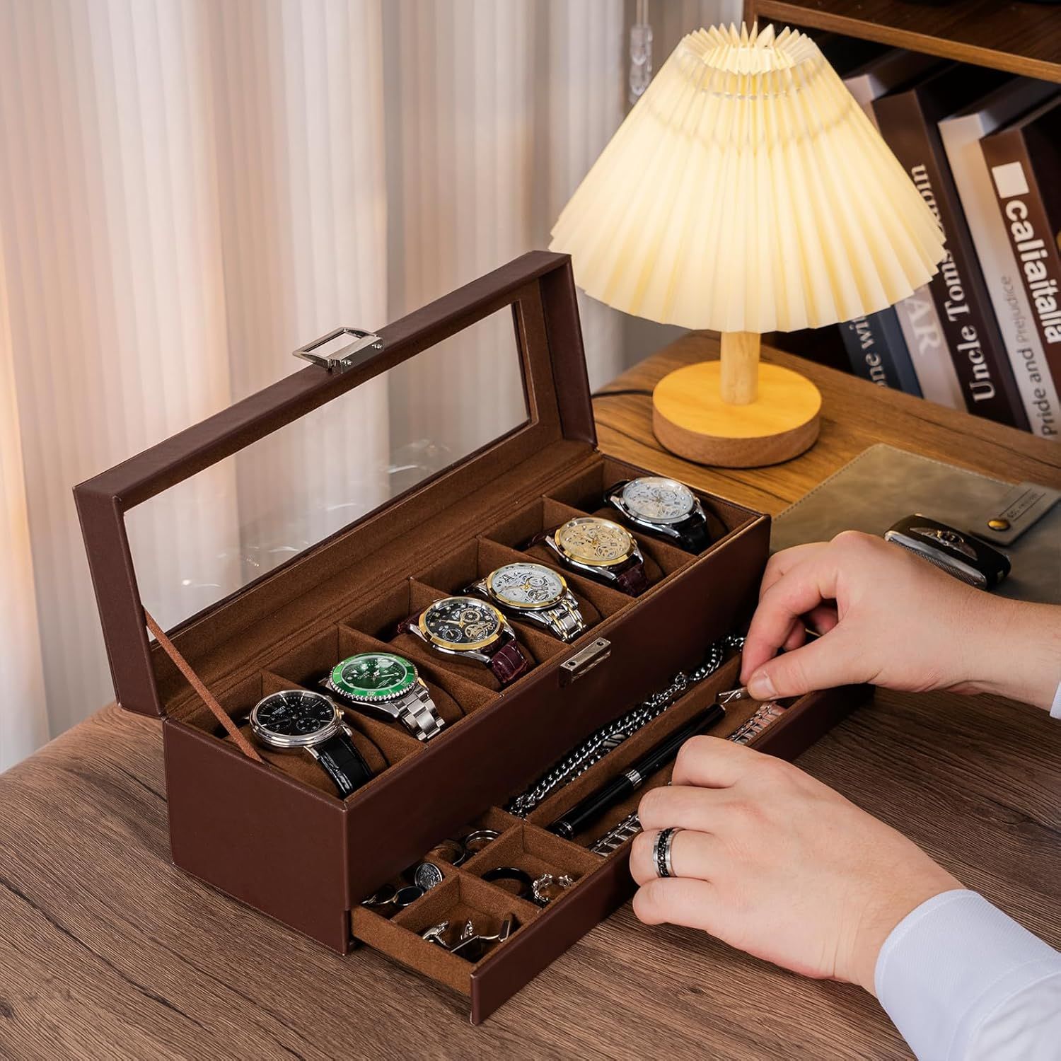 Demonstrates the product in a real-world home environment to help shoppers visualize how the watch organizer fits into their lifestyle and daily routine.