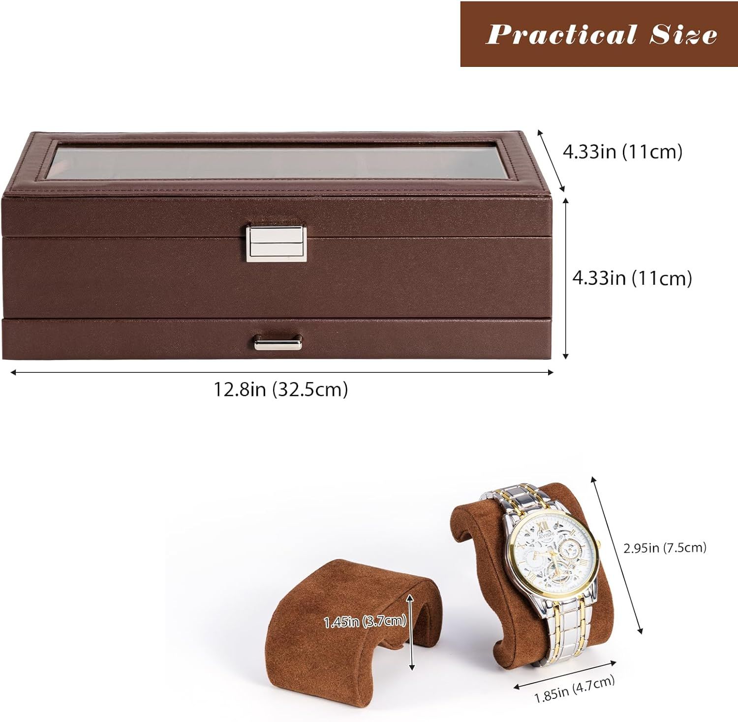 Communicates the exact physical dimensions of the watch storage box and watch pillow to help shoppers understand if it will fit their space and storage needs.