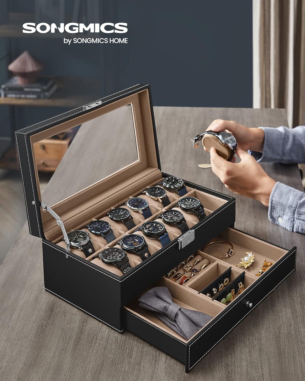 Demonstrates the product's storage capacity and organization features, showing how it can hold multiple watches, jewelry, and accessories in dedicated compartments to reassure shoppers of its…