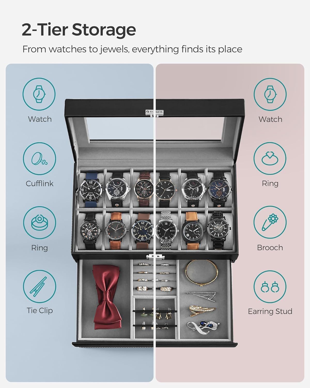 Demonstrates the product's versatile storage capacity by showing how it can organize multiple types of jewelry and accessories (watches, rings, cufflinks, brooches, tie clips, earrings) in dedicated…