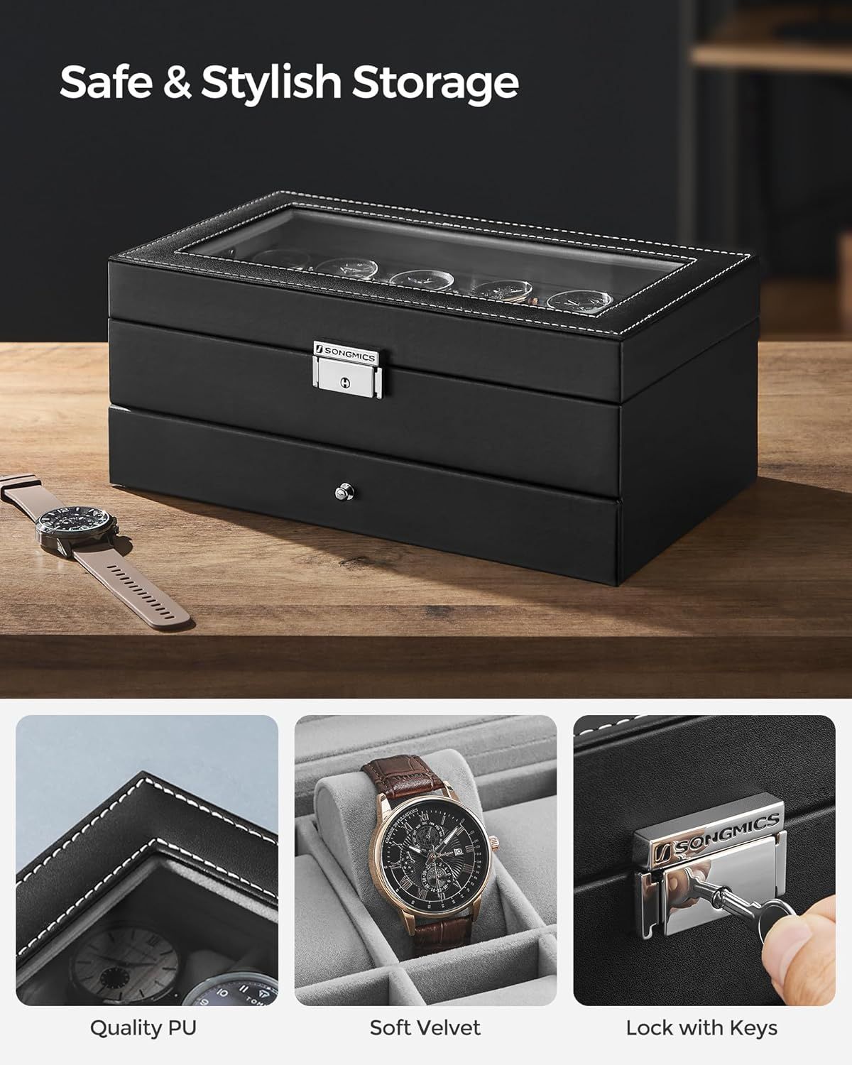 Communicates multiple product benefits in a segmented layout, highlighting the premium materials, protective interior, and security features to reassure shoppers about quality and safety.