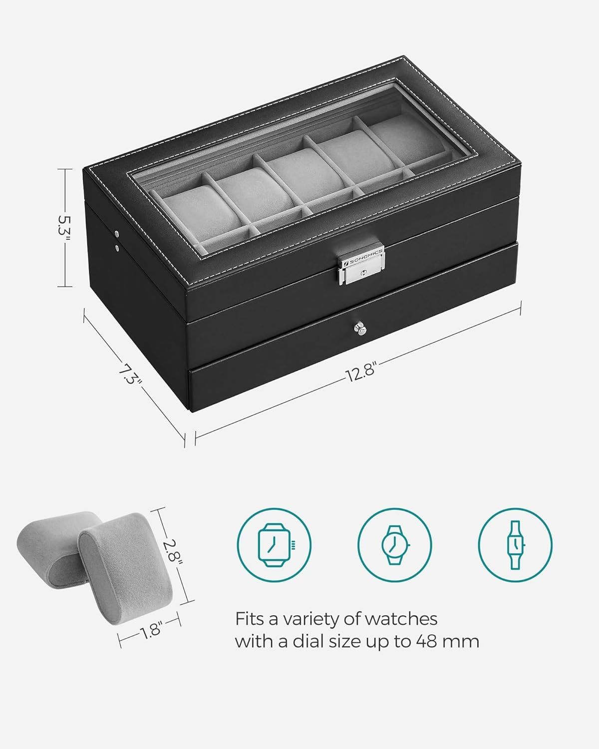 Communicates the exact physical dimensions of the watch box (12.8" x 7.5" x 5.3") and the watch pillow size (2.8" x 1.8"), while also showing compatibility with watches up to 48mm dial size to help…