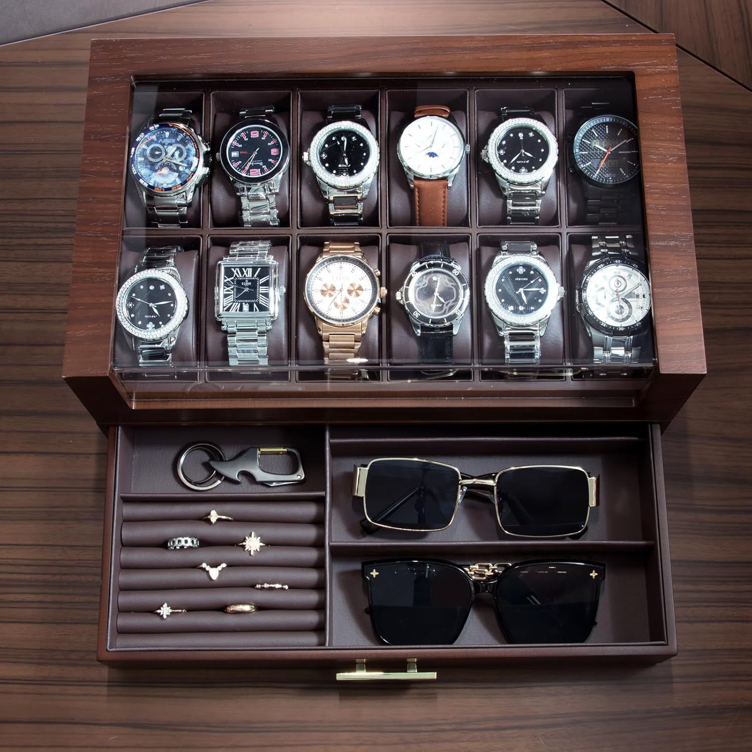 Shows the complete storage solution and organizational capacity of the product, demonstrating that it can hold multiple watches, jewelry pieces, sunglasses, and accessories in dedicated compartments.