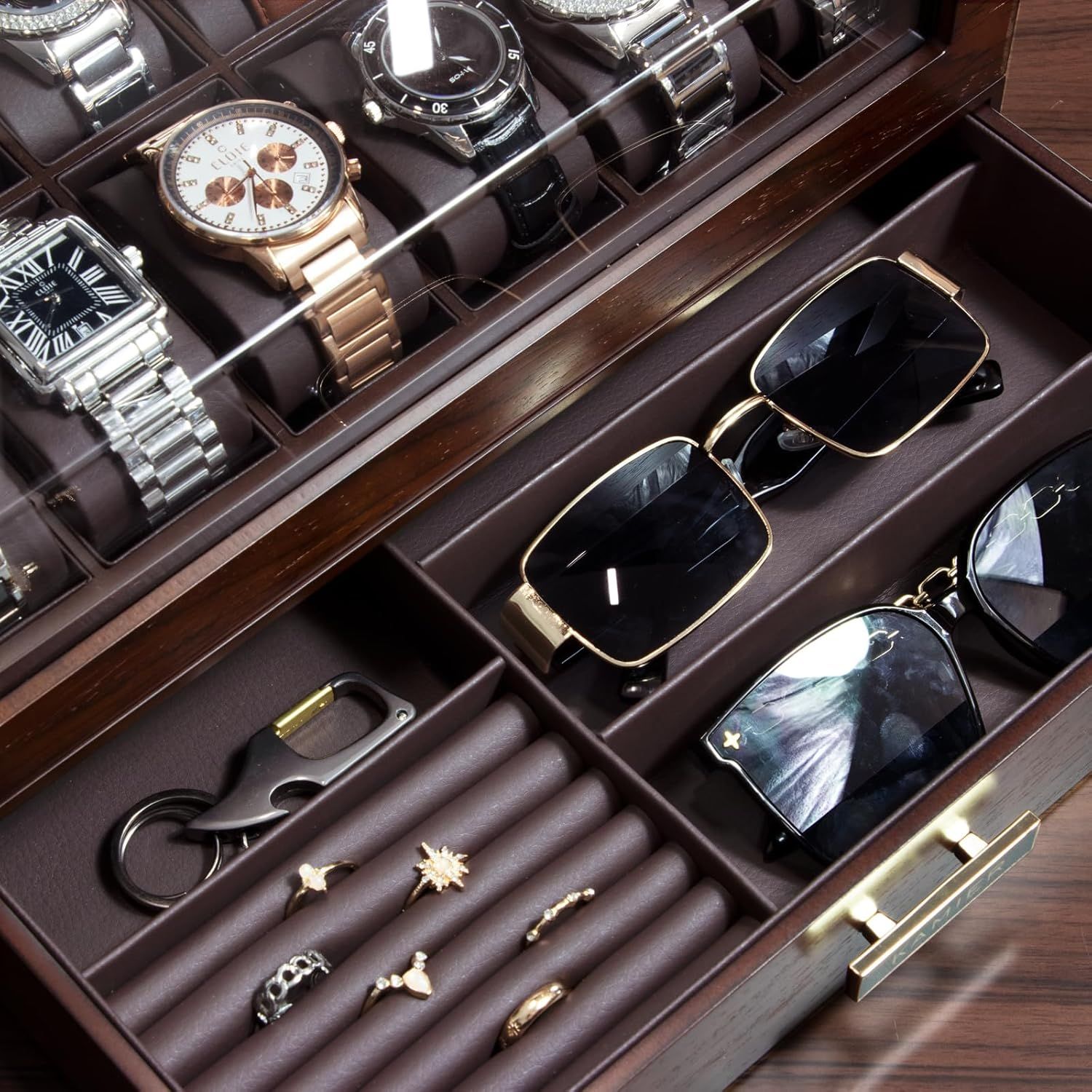 Showcases the brand's full range of luxury accessories including watches, sunglasses, and jewelry to demonstrate product variety and premium positioning.