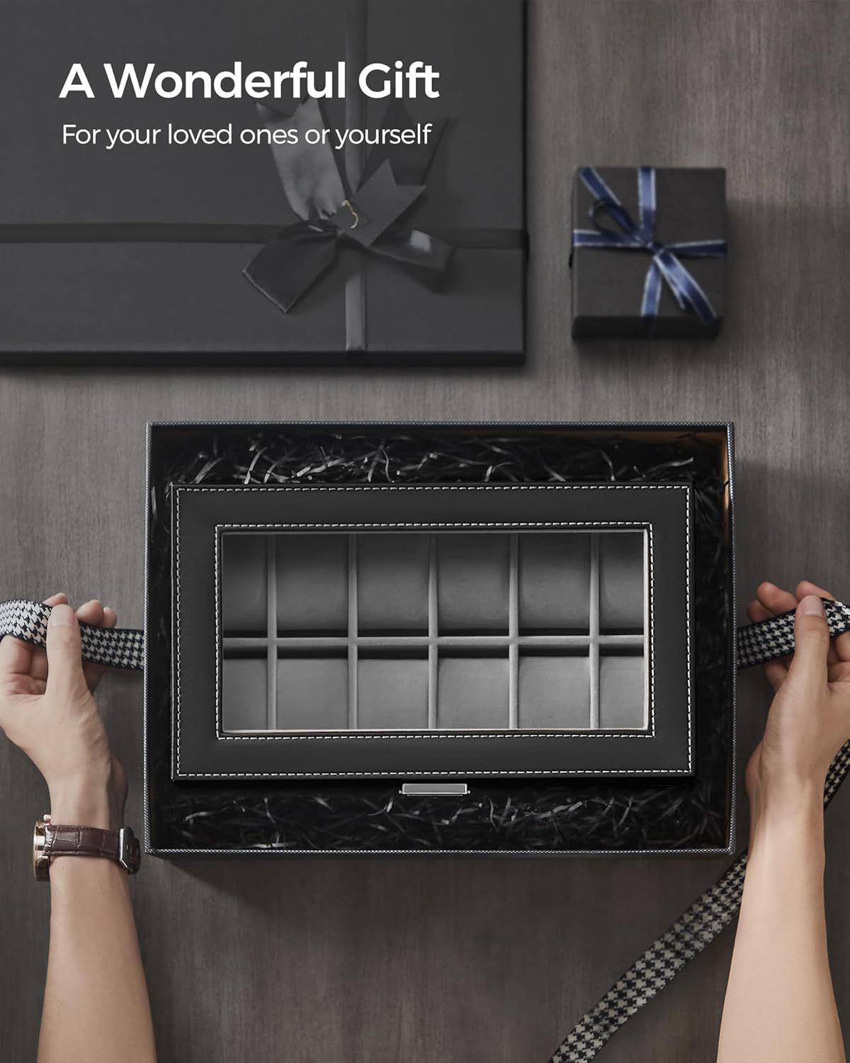 Positions the product as an ideal gift for loved ones or oneself, emphasizing its premium presentation and gifting appeal. Shows the product in an elegant, real-world setting with gift boxes to…