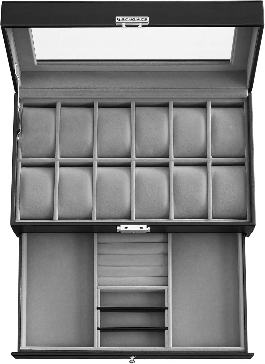 Demonstrates the complete storage solution with multiple compartments for organizing watches and jewelry, showing the customer exactly what organizational capacity they receive.