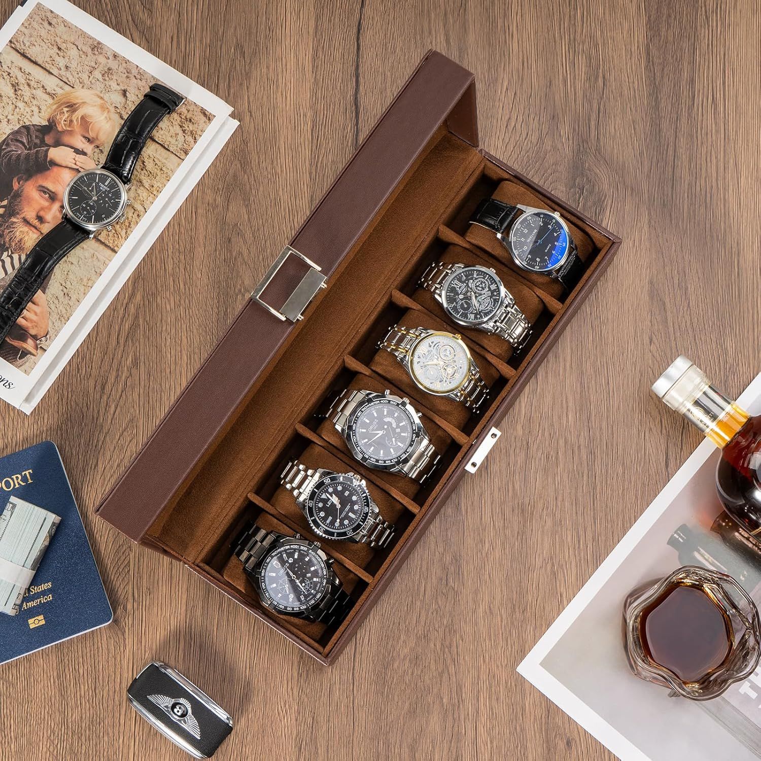 Shows the customer what is included with the purchase - a premium wooden watch storage case with multiple compartments for organizing a watch collection.