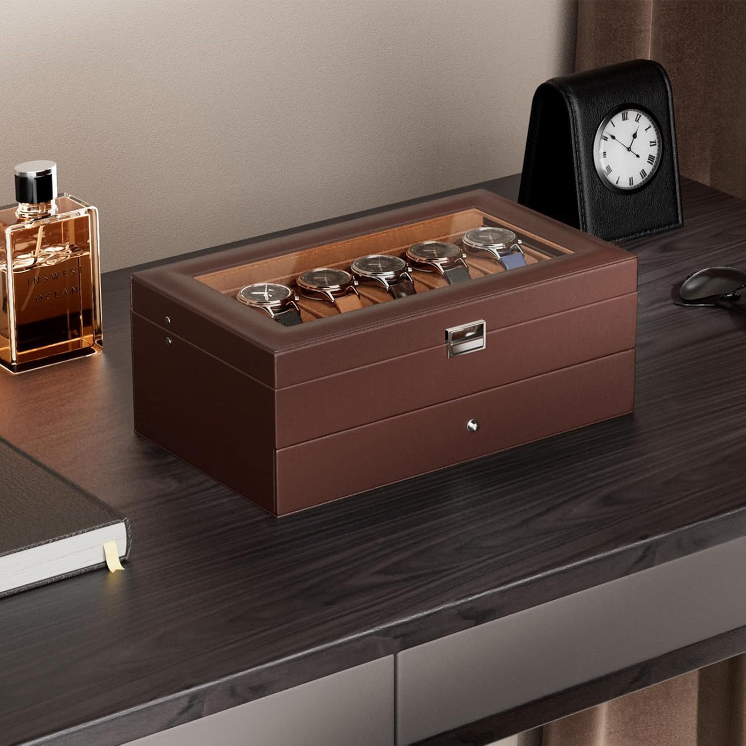 Showcases the watch box in an elegant, real-world setting to help shoppers visualize the product as part of a sophisticated lifestyle and home decor.