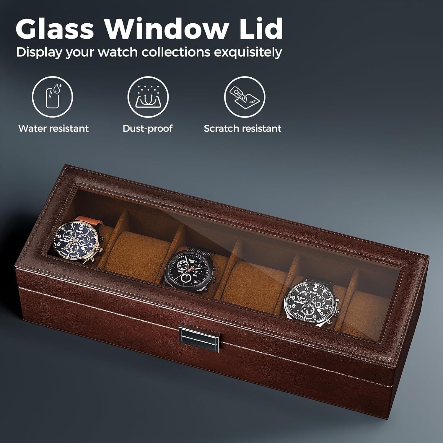 Communicates the protective qualities of the glass window lid, reassuring shoppers that the watch display case will keep their collection safe from water, dust, and scratches.