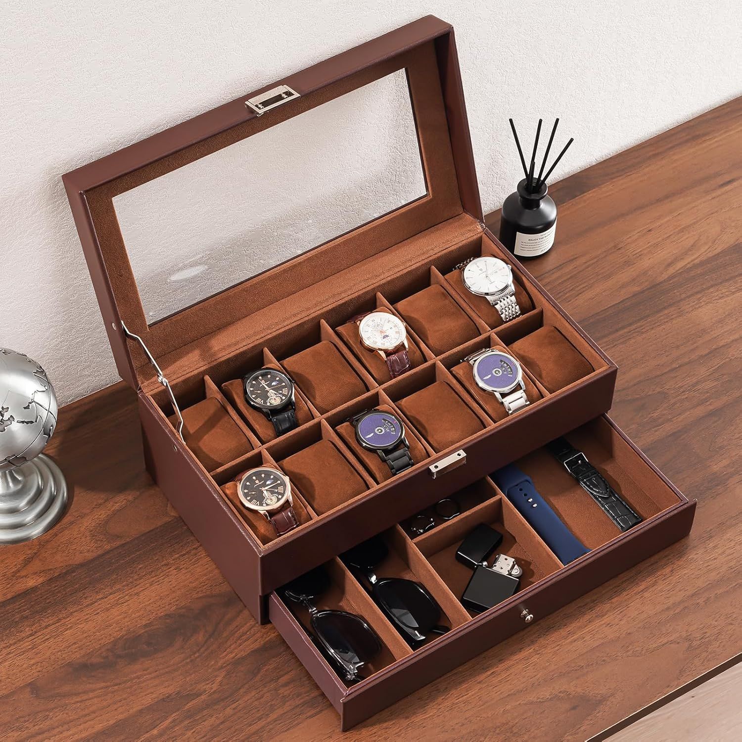 Demonstrates the product's organizational capacity and what the customer receives—a watch box with multiple compartments for watches, sunglasses, and accessories, emphasizing storage versatility and…