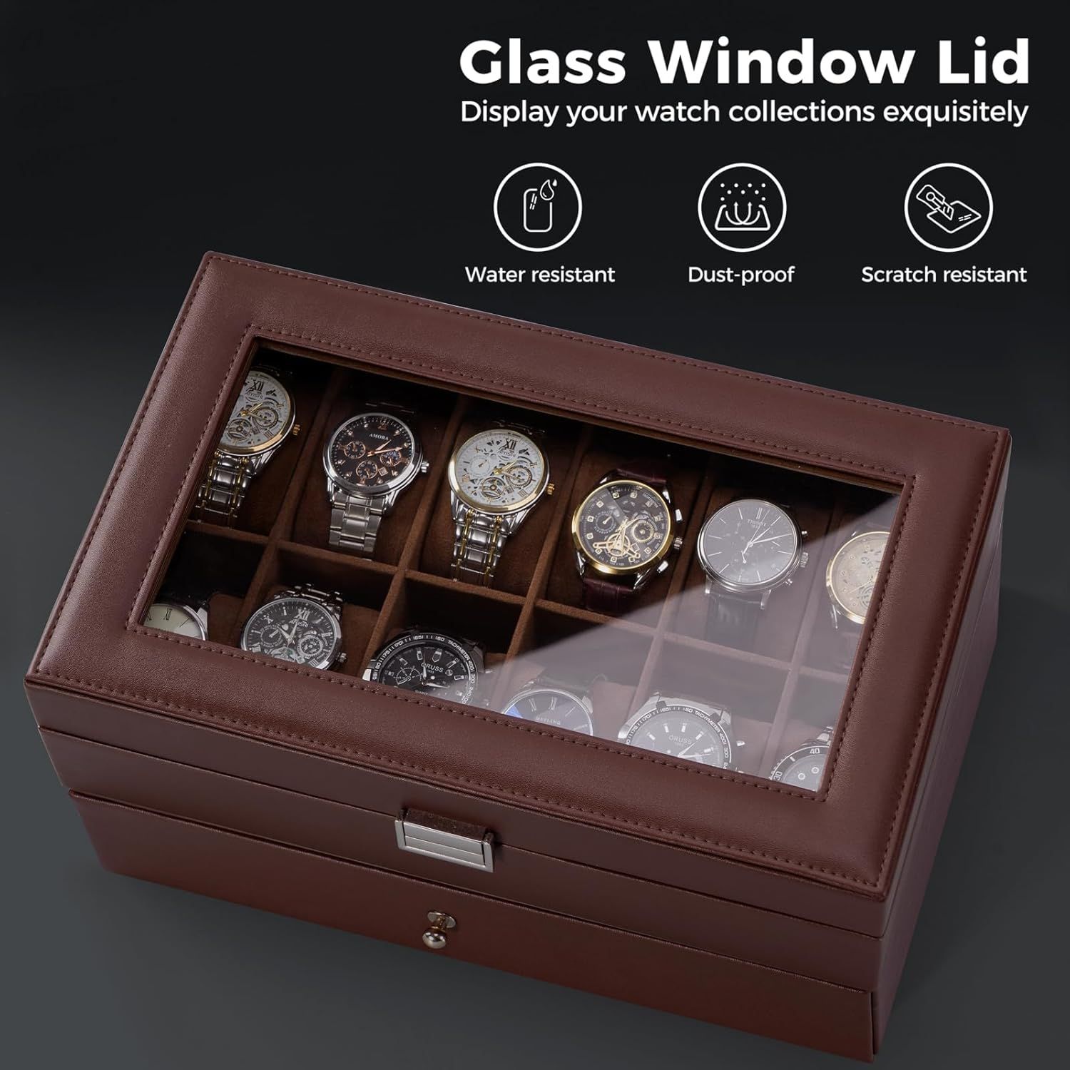 Communicates three distinct protective features of the glass window lid to reassure shoppers that the watch display case offers comprehensive protection for their valuable watch collection.