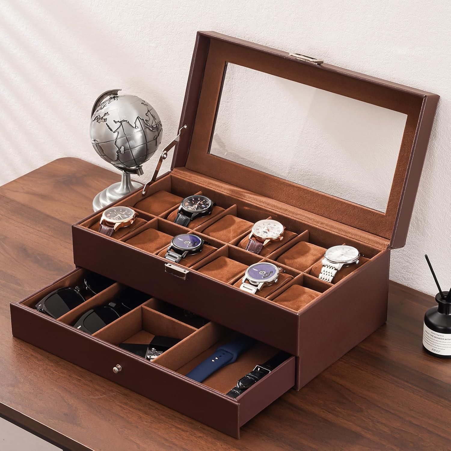 Showcases the watch organizer in a real-world home setting to help shoppers visualize how the product looks and functions in their own space.