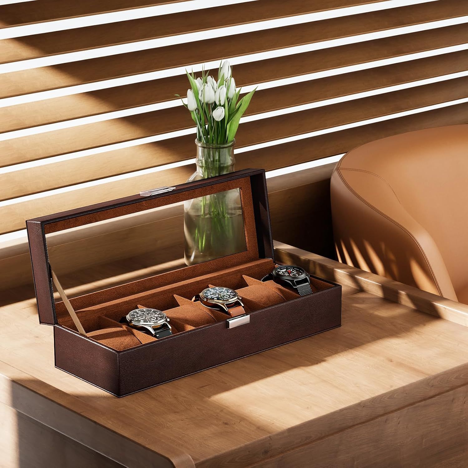 Showcases the watch storage box in an elegant home setting to help shoppers visualize the product as a sophisticated organizational solution for their personal space.