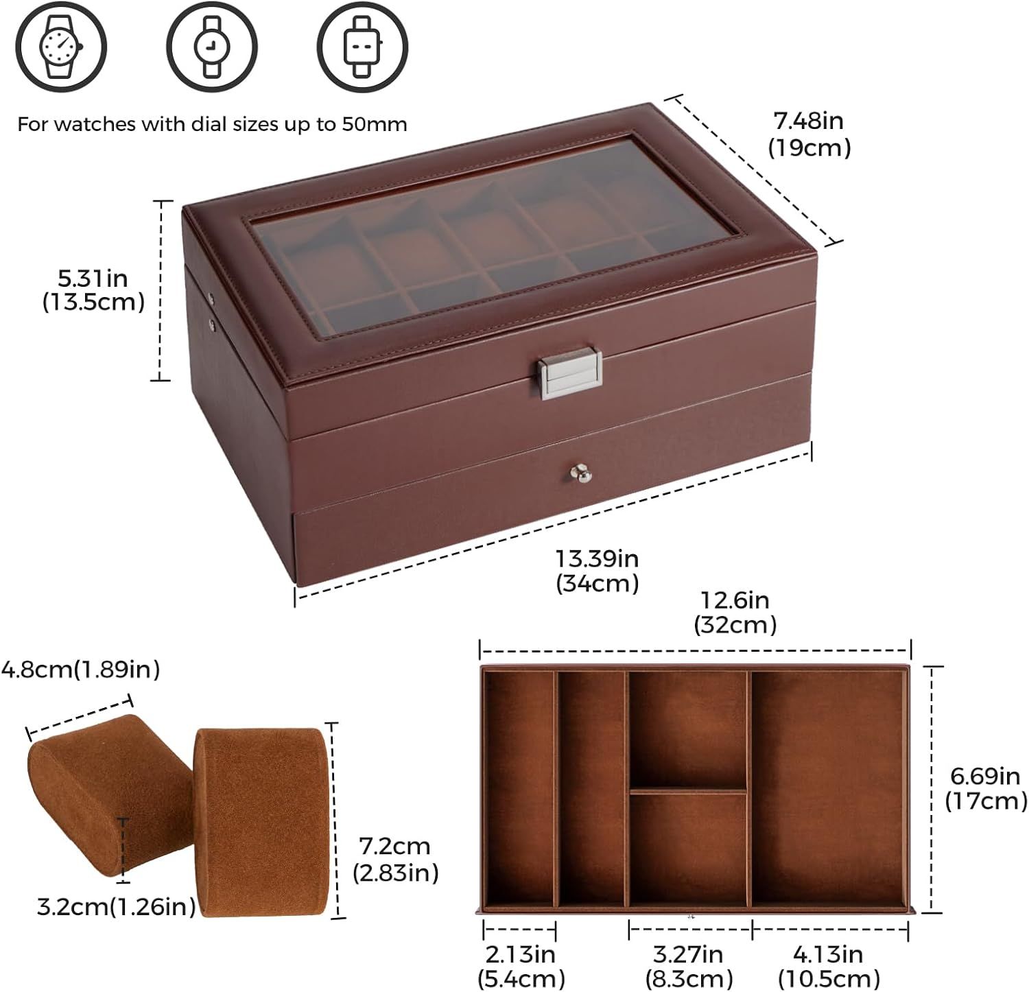 Provides detailed measurements of the watch box exterior, interior compartments, and watch pillows to help shoppers understand the exact physical size and storage capacity of the product.