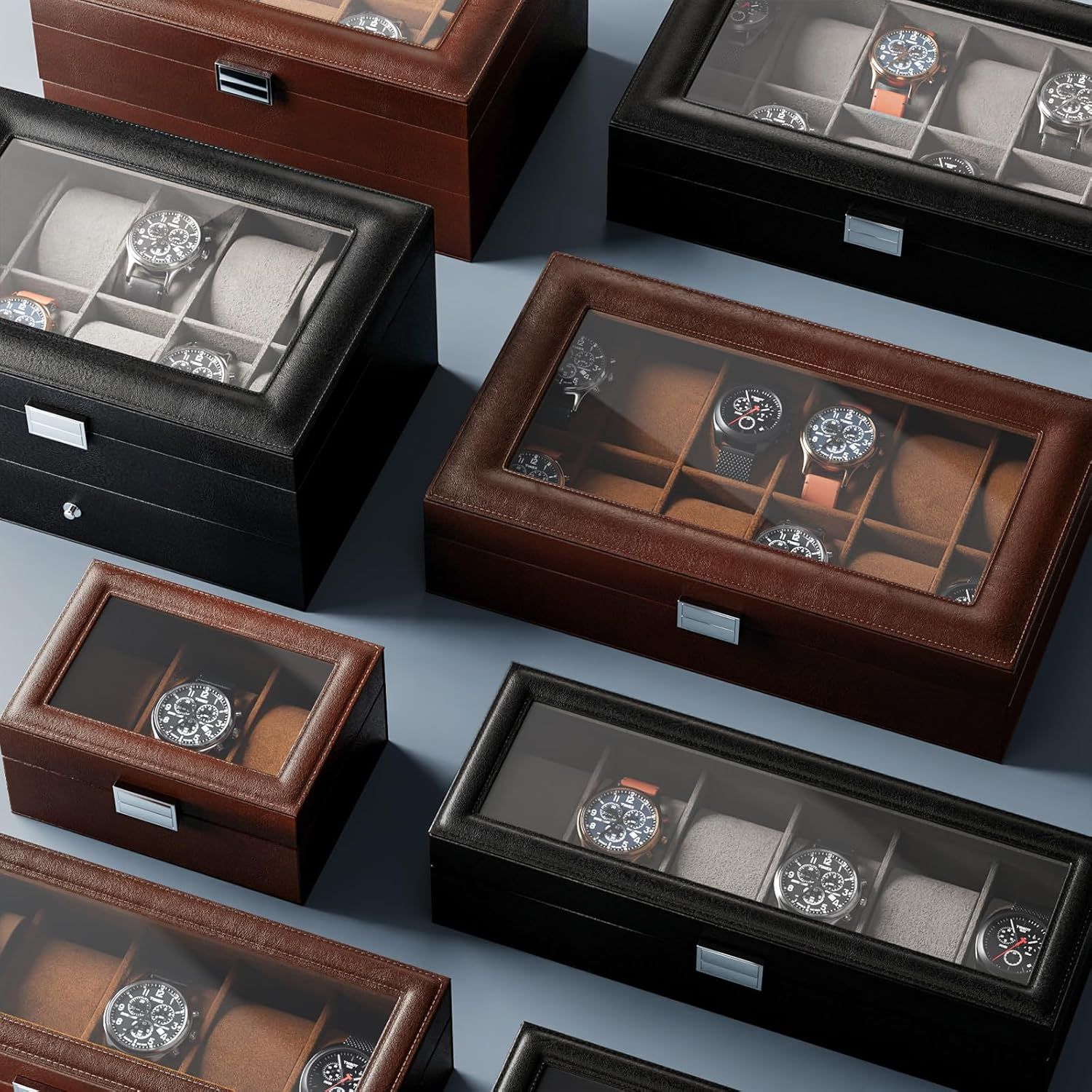Showcases the brand's full product lineup of watch storage boxes in different sizes, colors, and configurations to help shoppers choose the right option for their collection.