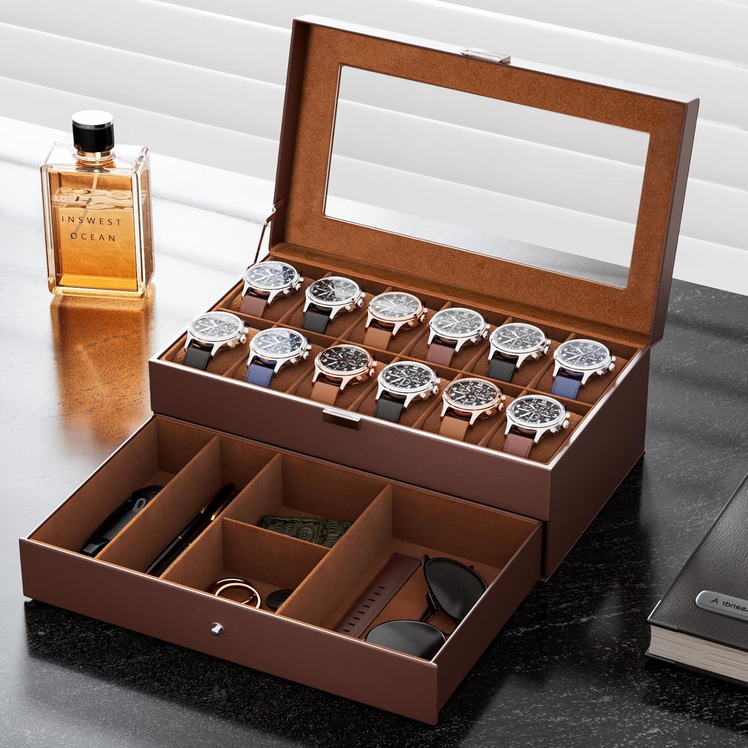 Shows the complete storage organizer with multiple watches displayed in the top compartment and additional accessories (sunglasses, watch bands, jewelry) in the bottom drawer, demonstrating the…