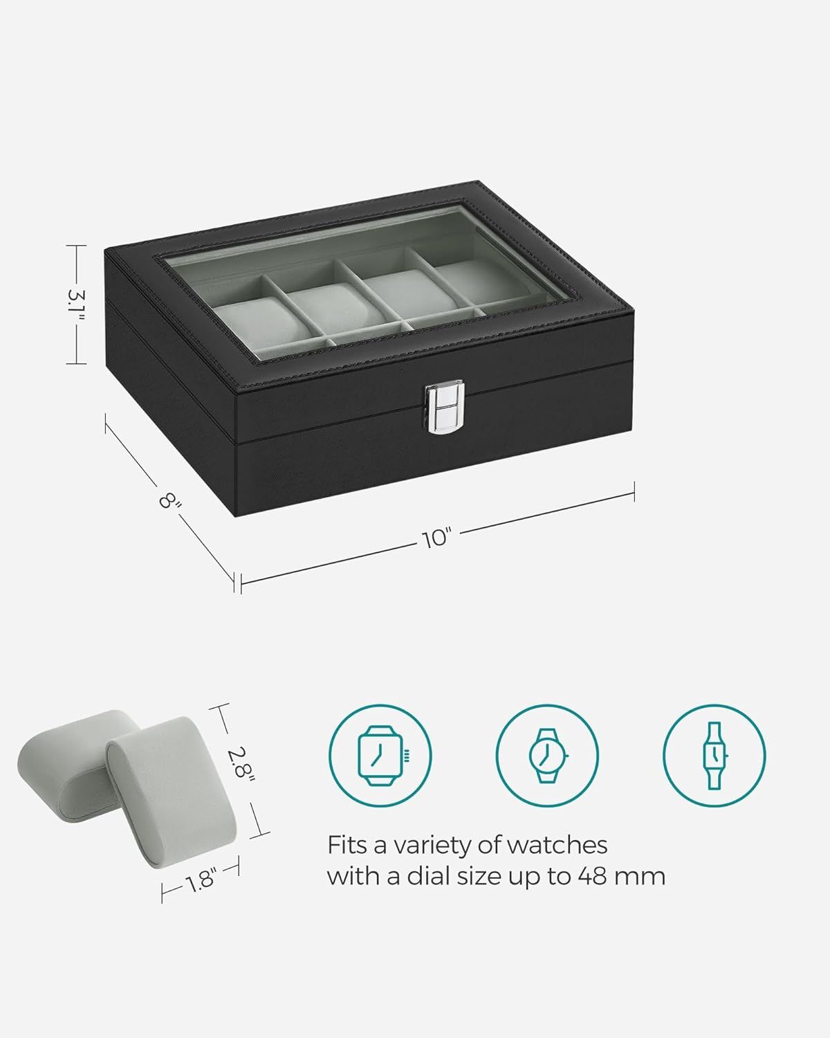 Communicates the exact physical dimensions of the watch box (10" x 8" x 3.3") and the size of the watch pillows (2.8" x 1.8") to help shoppers understand if it will fit their space and storage…