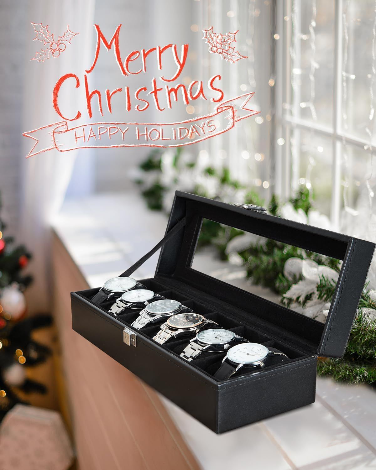 Positions the product as a perfect holiday gift option by showcasing it in a festive Christmas setting with Merry Christmas and Happy Holidays messaging.