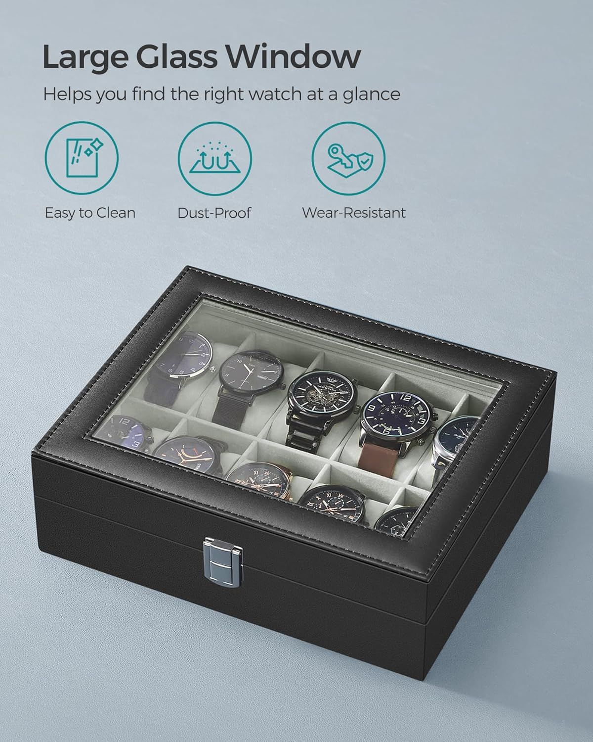Highlights three distinct benefits of the large glass window feature, showing shoppers that the watch case offers easy maintenance, protection from dust, and durability.