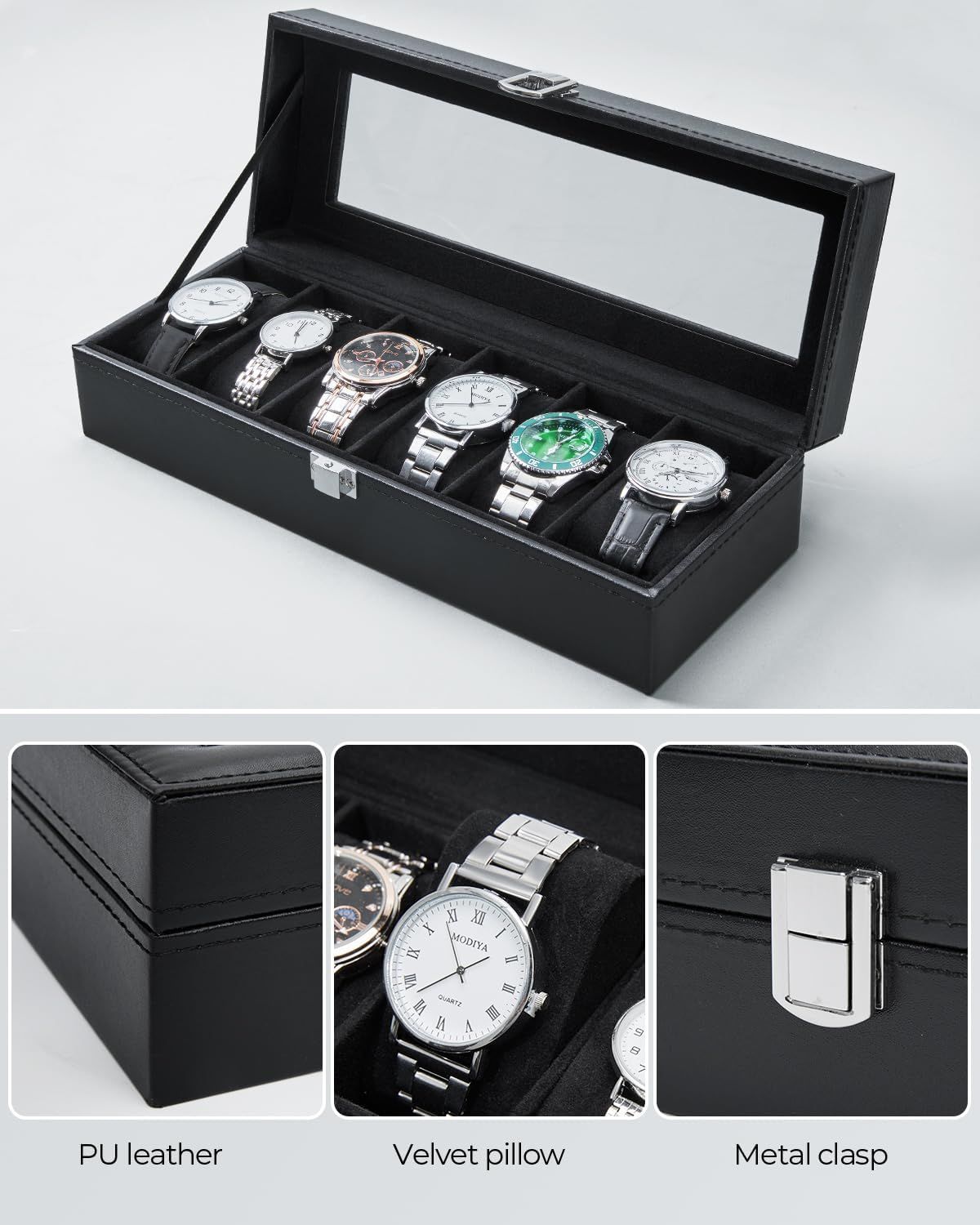 Highlights the premium construction and quality materials of the watch storage case, showcasing three distinct features (leather exterior, velvet interior, metal clasp) to communicate durability and…