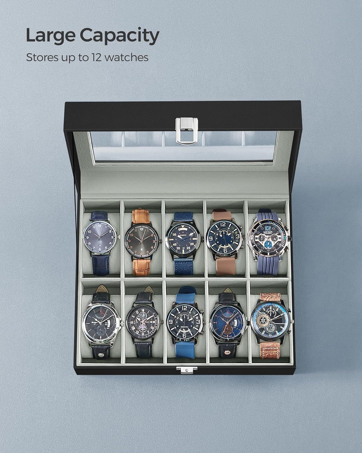 Communicates the storage capacity of the watch case, emphasizing that it can hold up to 12 watches, which reassures shoppers about the product's spaciousness and organizational capability.…