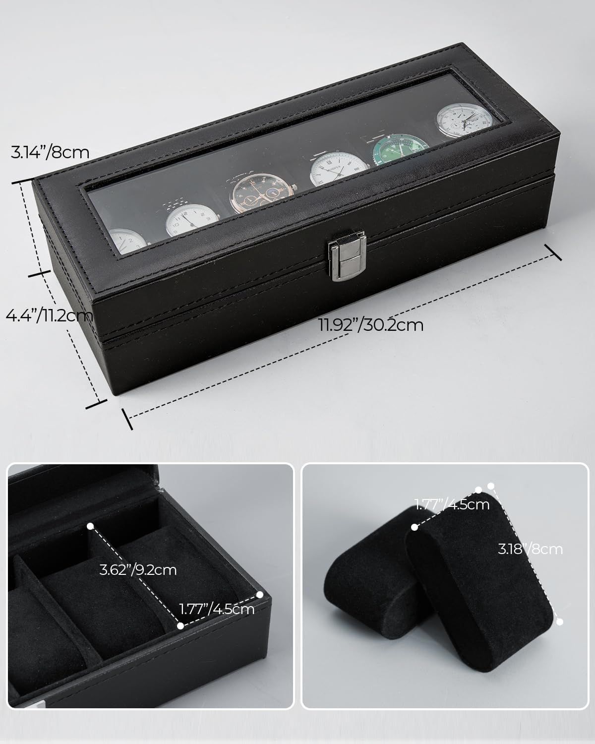 Communicates the exact physical dimensions of the watch storage box (length, width, height) and interior compartment sizes to help shoppers understand if it will fit their space and watches.