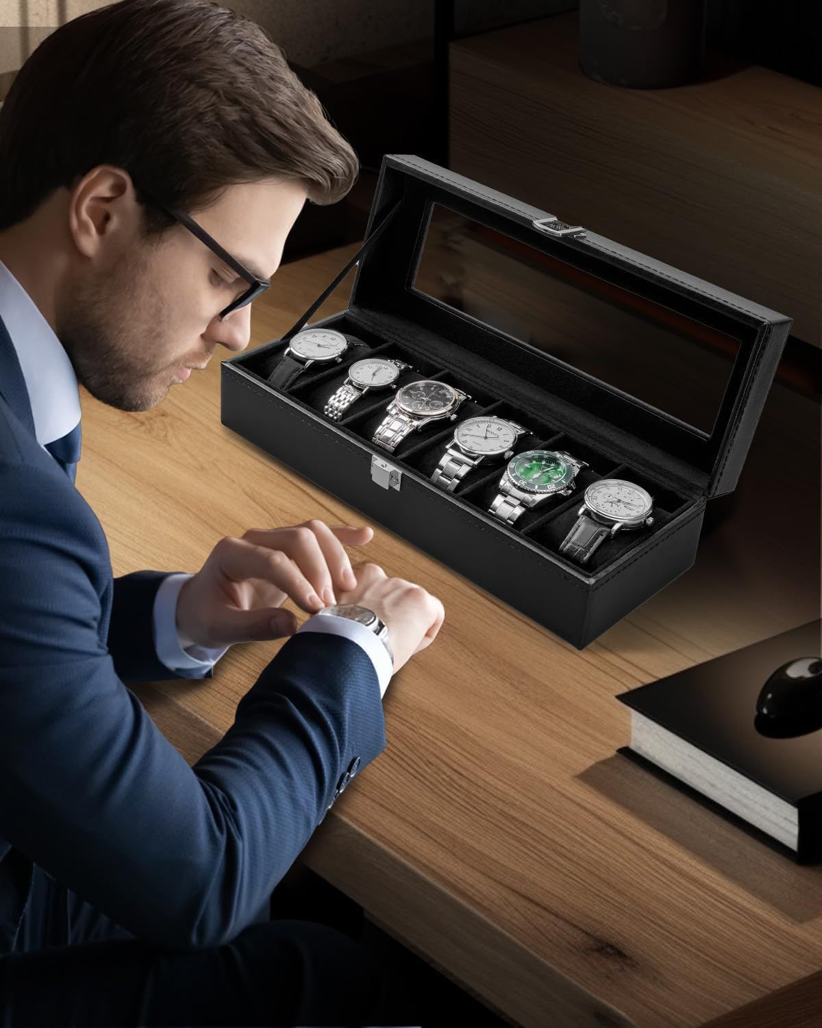 Demonstrates the product in a real-world luxury lifestyle context, showing a professional examining his watch collection to convey sophistication and premium quality.