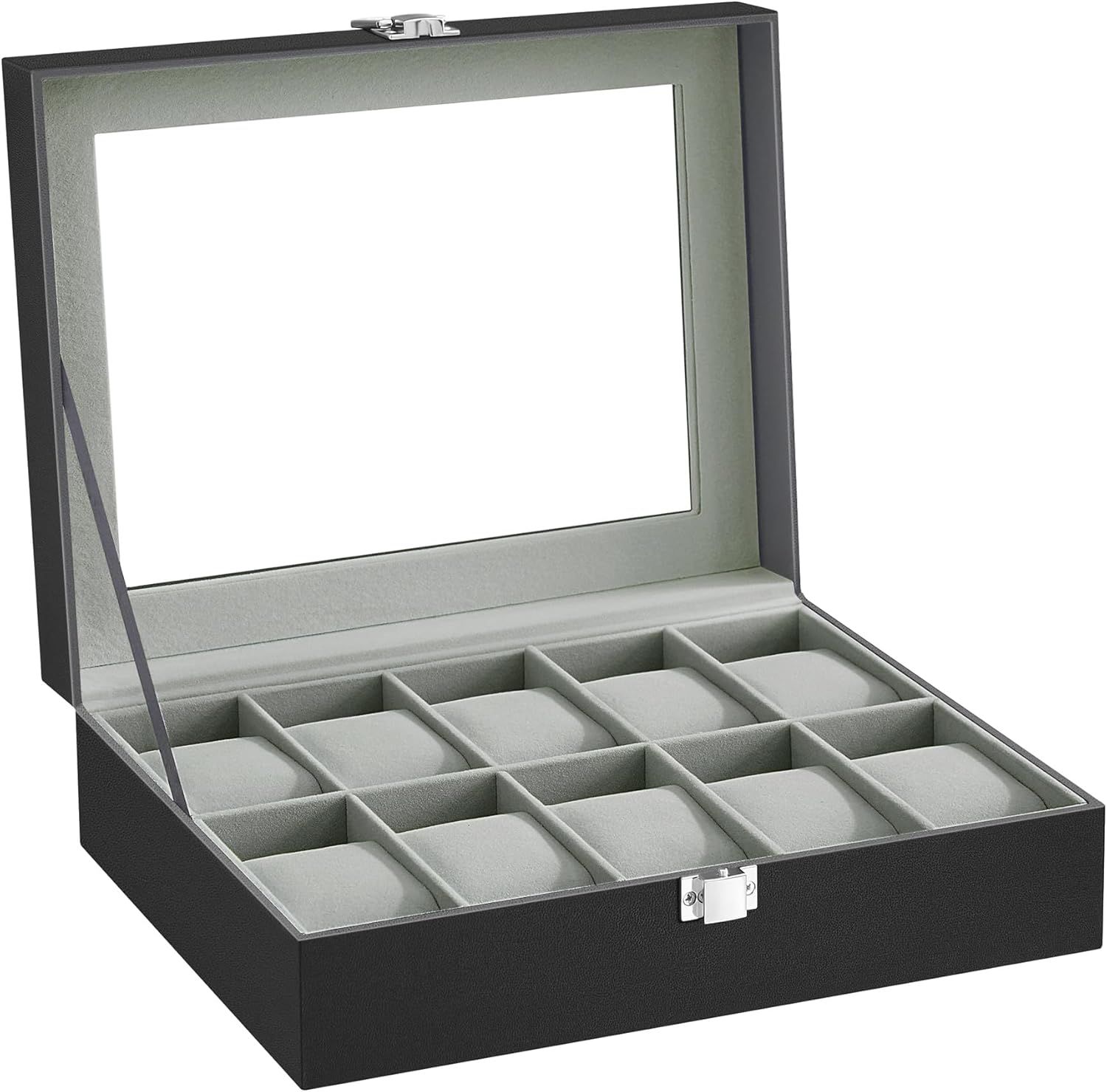 Shows the watch storage box with its compartments and glass lid in a clean, catalog-style presentation to help shoppers understand the product structure and capacity.