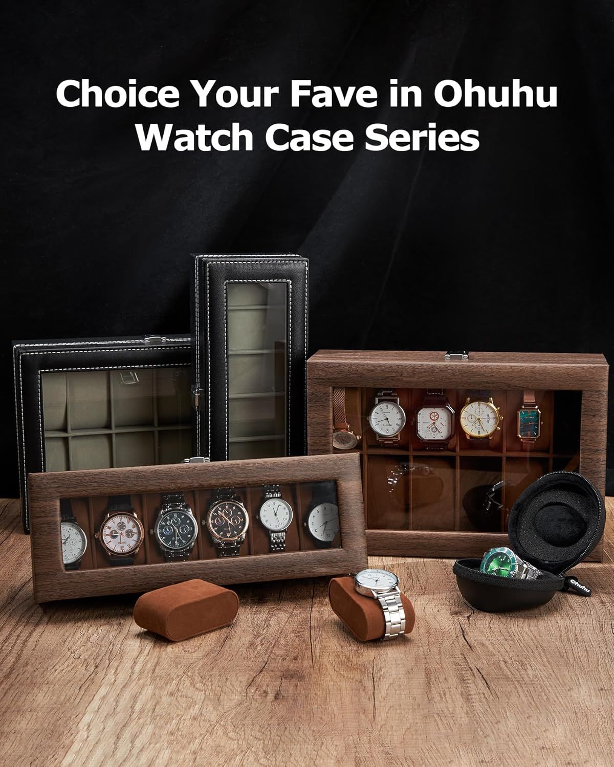 Displays the brand's full range of watch case options to help shoppers choose their preferred style and material from the Ohuhu Watch Case Series.