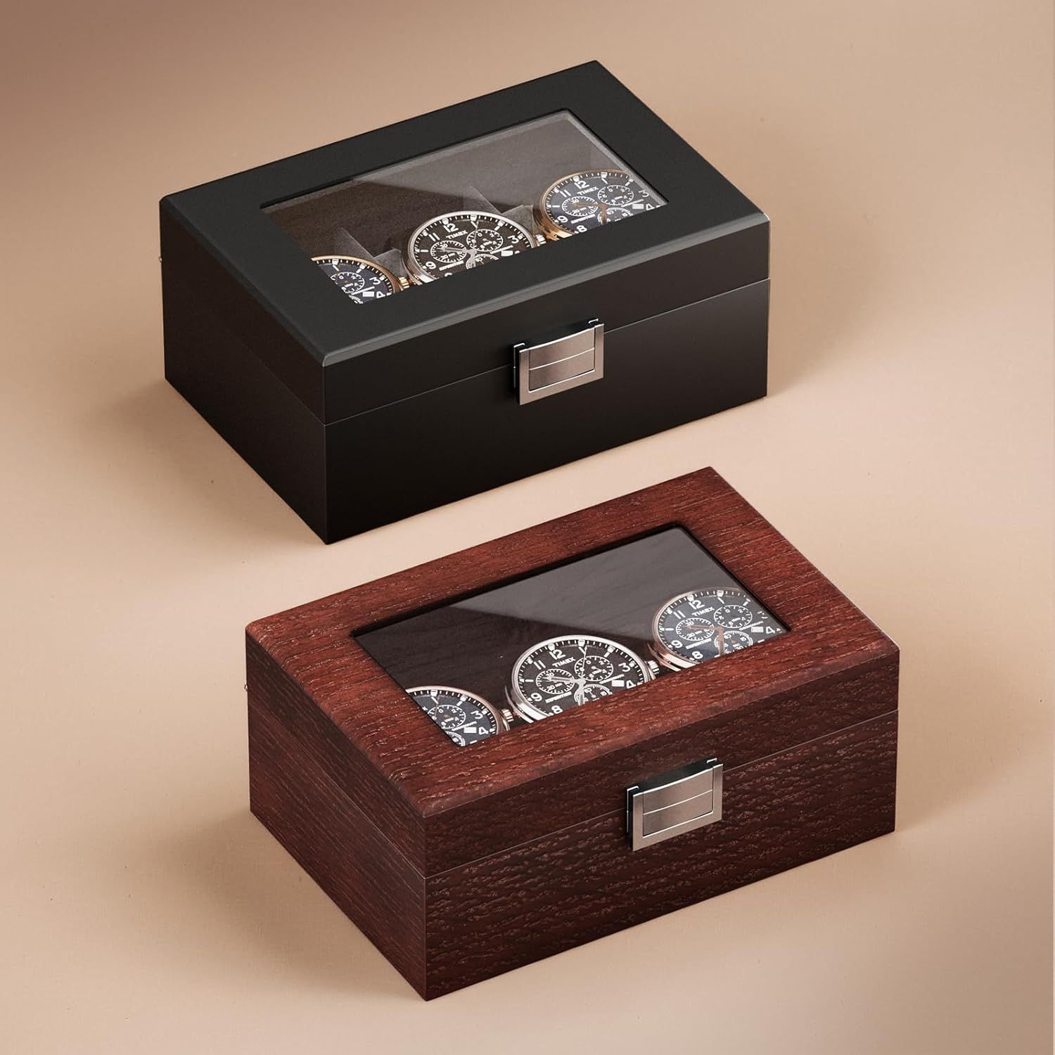 Showcases the brand's product lineup by displaying two color options (black and brown wood finish) of the same watch storage box, helping shoppers choose their preferred style.