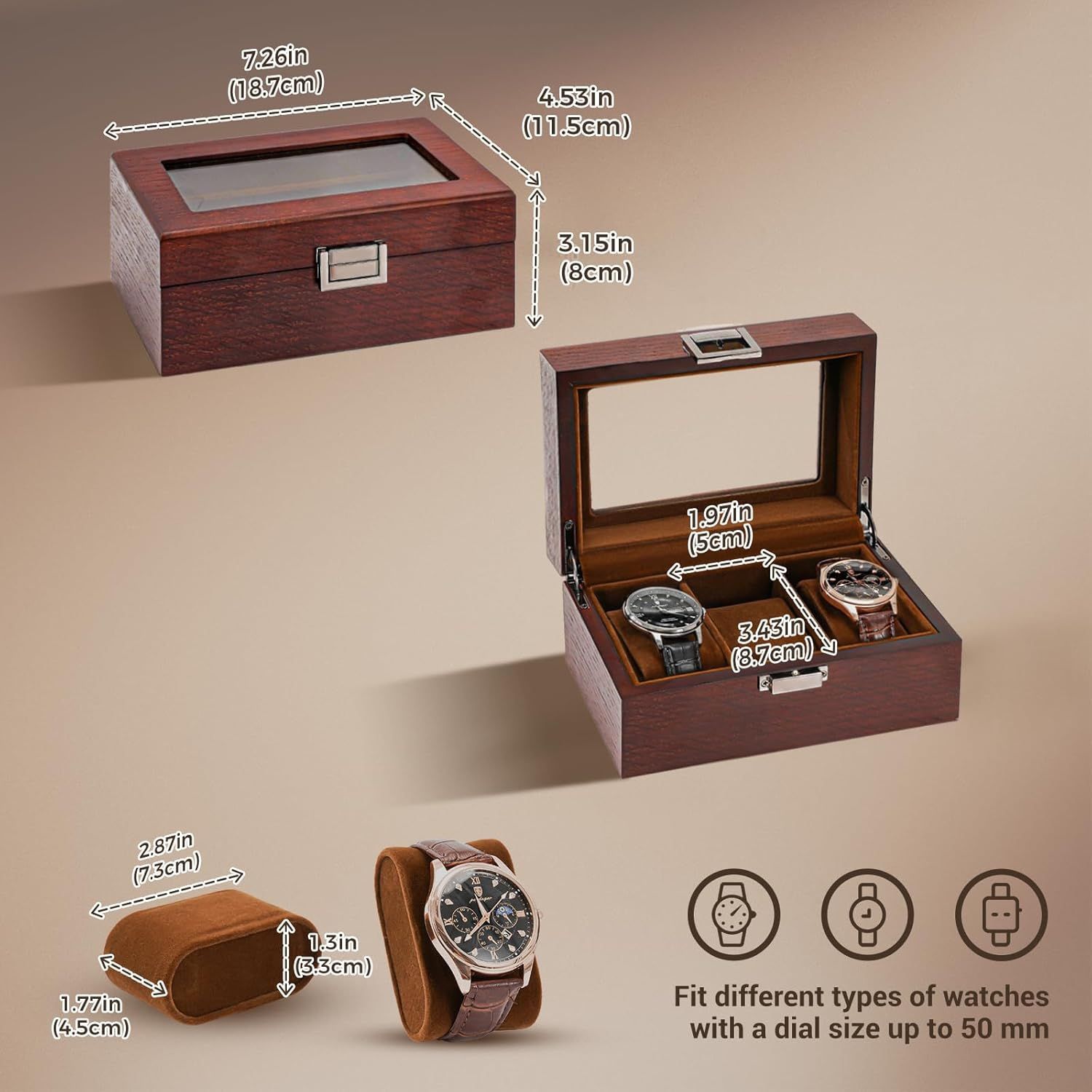 Provides exact measurements of the watch box exterior, interior compartments, and watch pillows to help shoppers understand the physical size and storage capacity of the product. Demonstrates that…