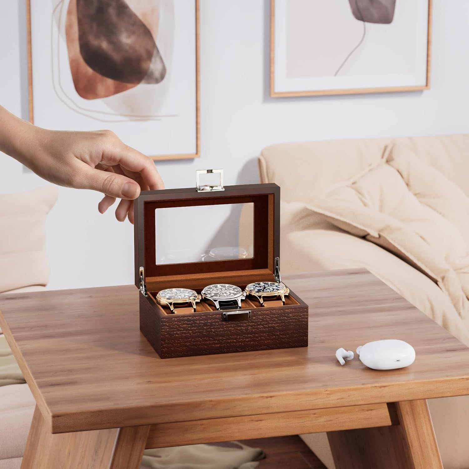 Demonstrates the product in a real-world home environment to help shoppers visualize how the watch box would look and function on their own furniture.