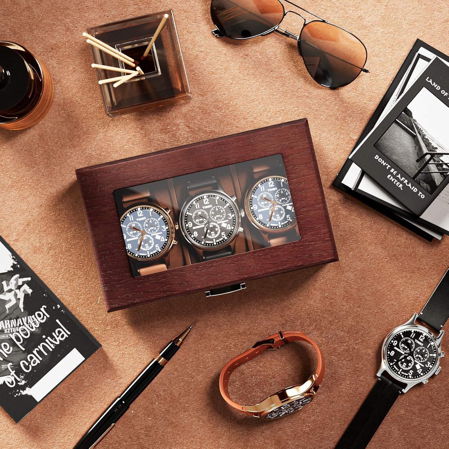 Shows the customer everything included in the purchase: three watches displayed in an elegant wooden presentation box, communicating value and premium packaging.