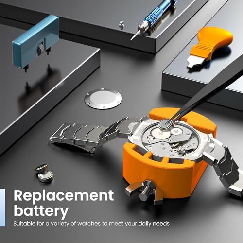 Demonstrates the complete set of components and tools included with the product, showing shoppers they receive everything needed for watch battery replacement and repair.