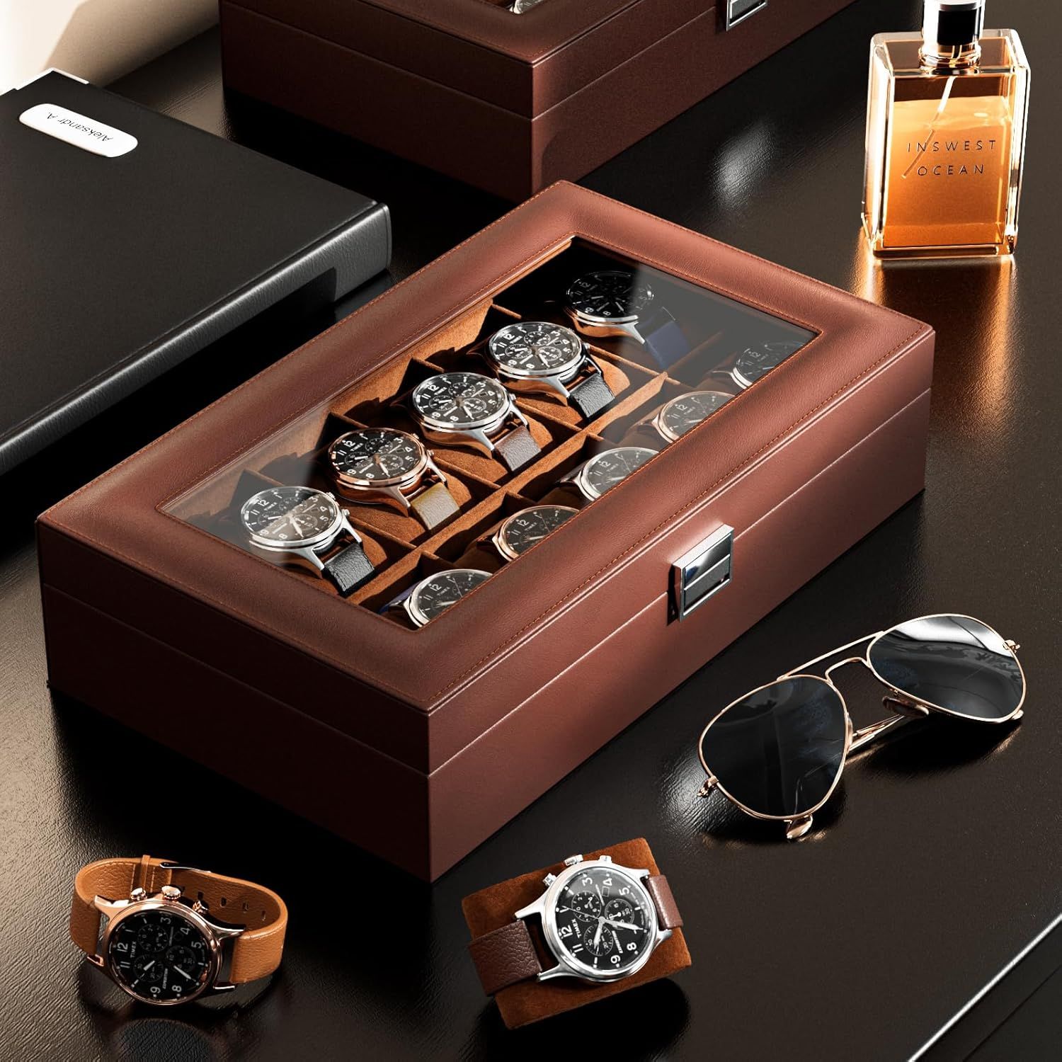 Showcases the watch storage box in an upscale lifestyle setting with luxury accessories to convey sophistication and premium quality.