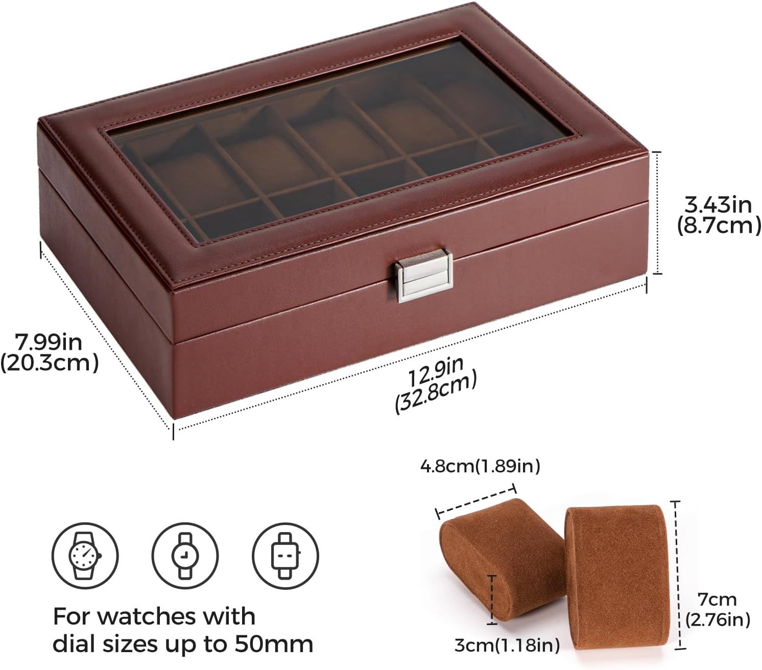 Communicates the exact physical dimensions of the watch box and interior compartments to help shoppers understand if it will fit their watches and storage space.