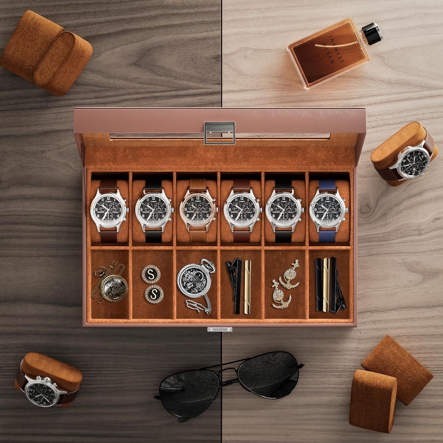 Demonstrates the complete storage solution included with the purchase, showing the organized compartments for watches and accessories like cufflinks, tie clips, and other men's accessories to…