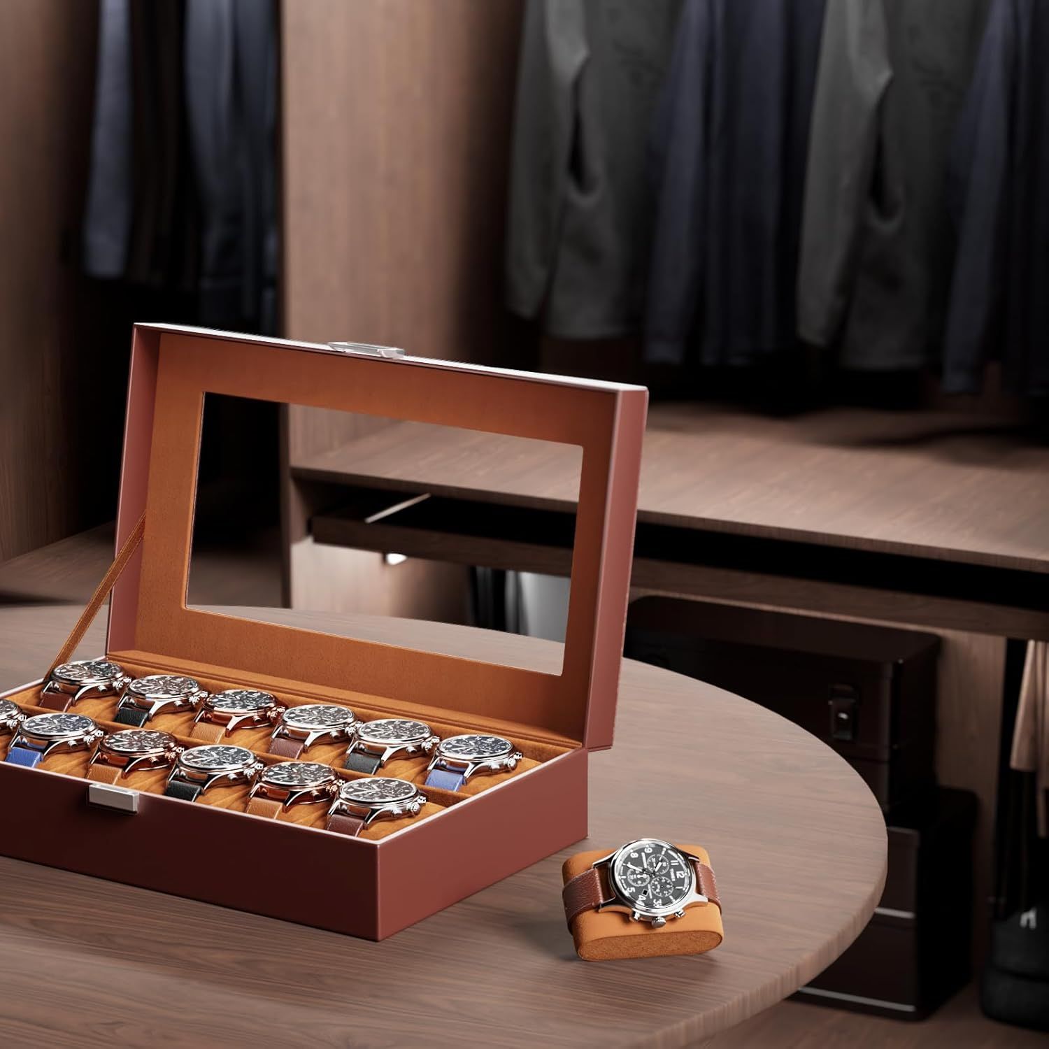 Showcases the product in an elegant real-world setting to convey sophistication and premium quality, helping shoppers visualize the watch case in their own home environment.