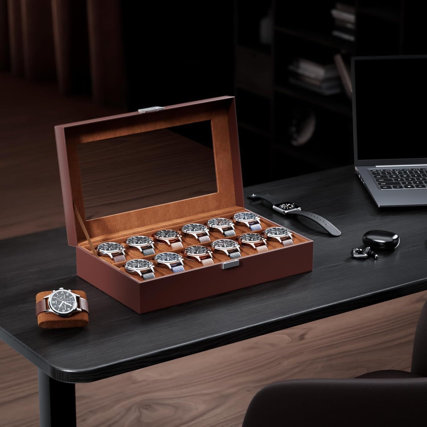 Showcases the watch collection storage box in an elegant office/home setting to convey sophistication and premium quality, helping shoppers visualize the product in their own lifestyle context.