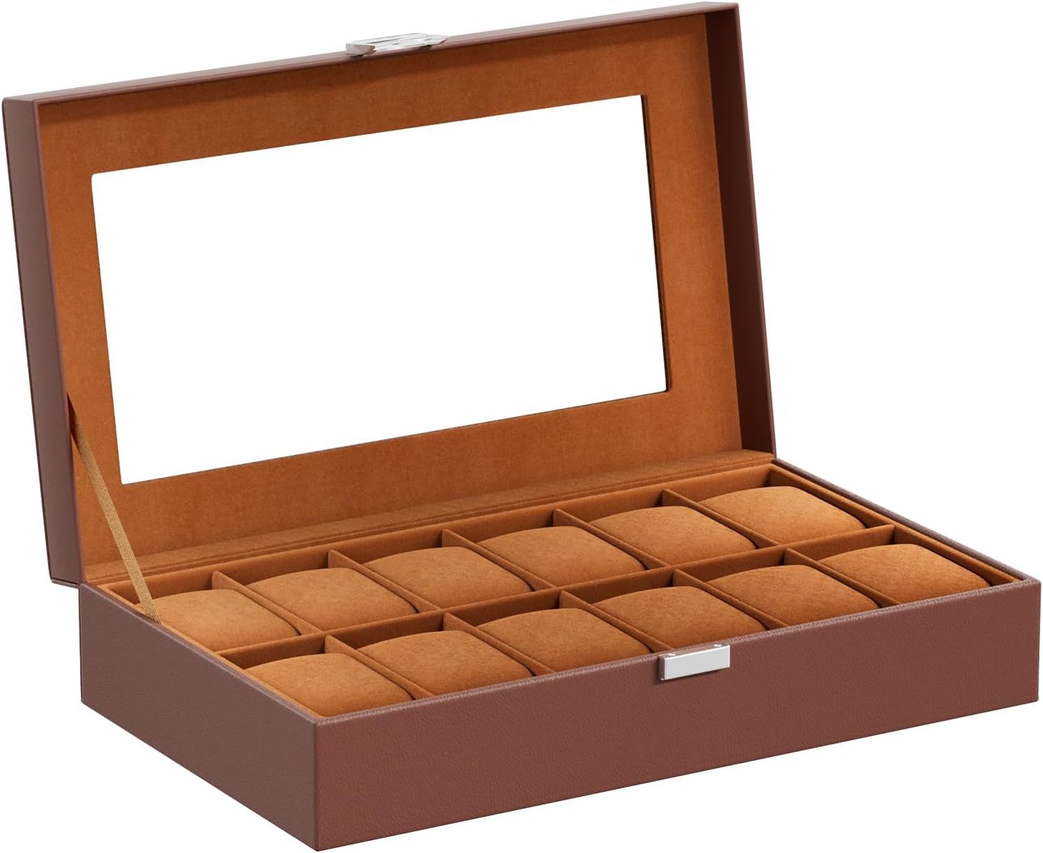 Provides a clean, catalog-style view of the watch storage box on a white background, showing the product's design, compartments, and mirror lid without any distractions.