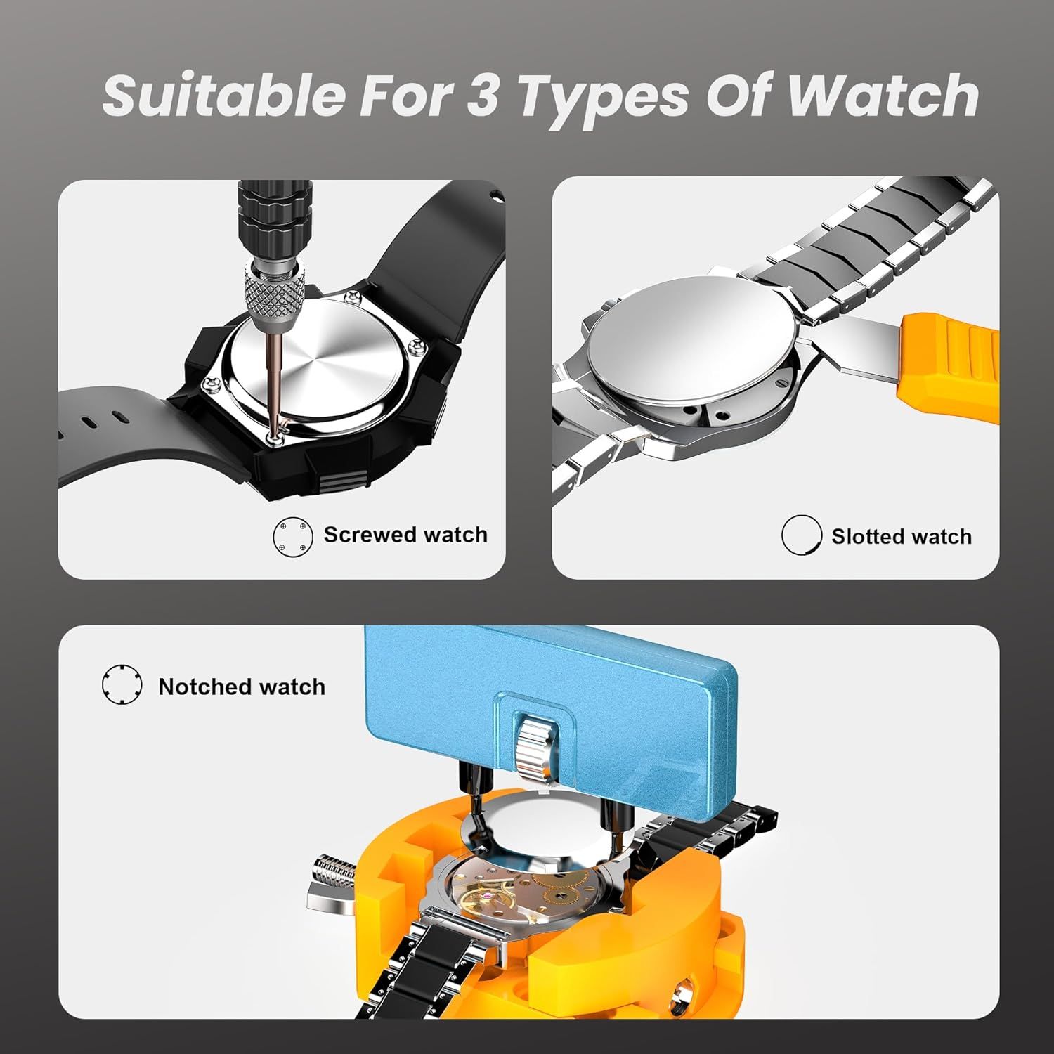 Demonstrates that the product (watch repair tool/holder) is compatible with three different watch attachment types: screwed, slotted, and notched watches, reassuring buyers of its versatility.